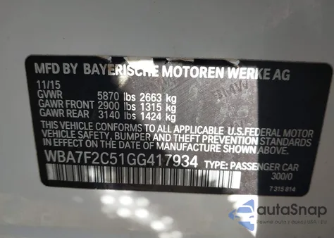 2016 BMW 750I xDrive from USA, damaged, VIN WBA7F2C51GG417934